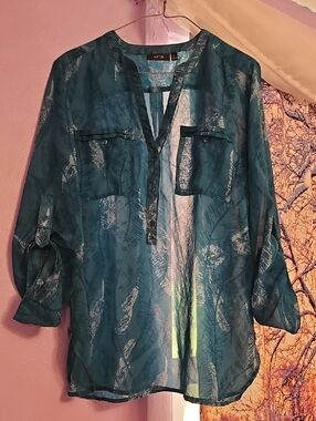 Apt. 9 Teal Feather-Print Button Henley Blouse